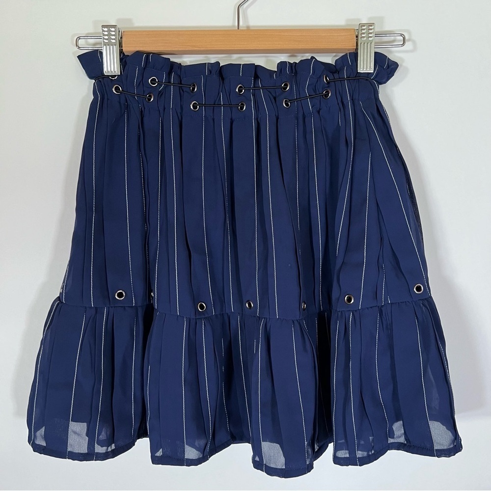 Tularosa navy blue white stripe cord accent ruffle skater mini skirt XS coquette